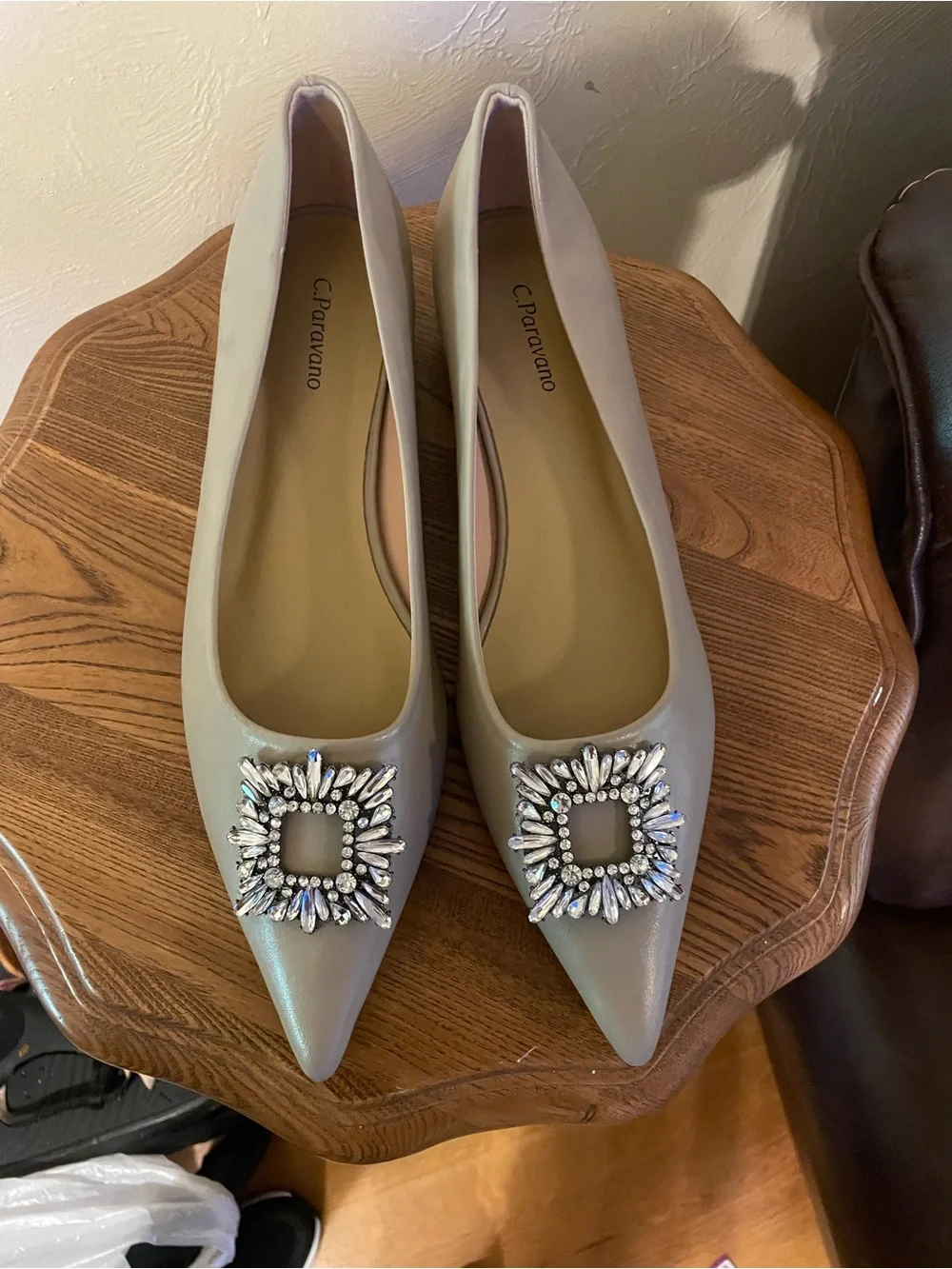 C. Paravano Taupe Pointed Toe Jeweled Flats